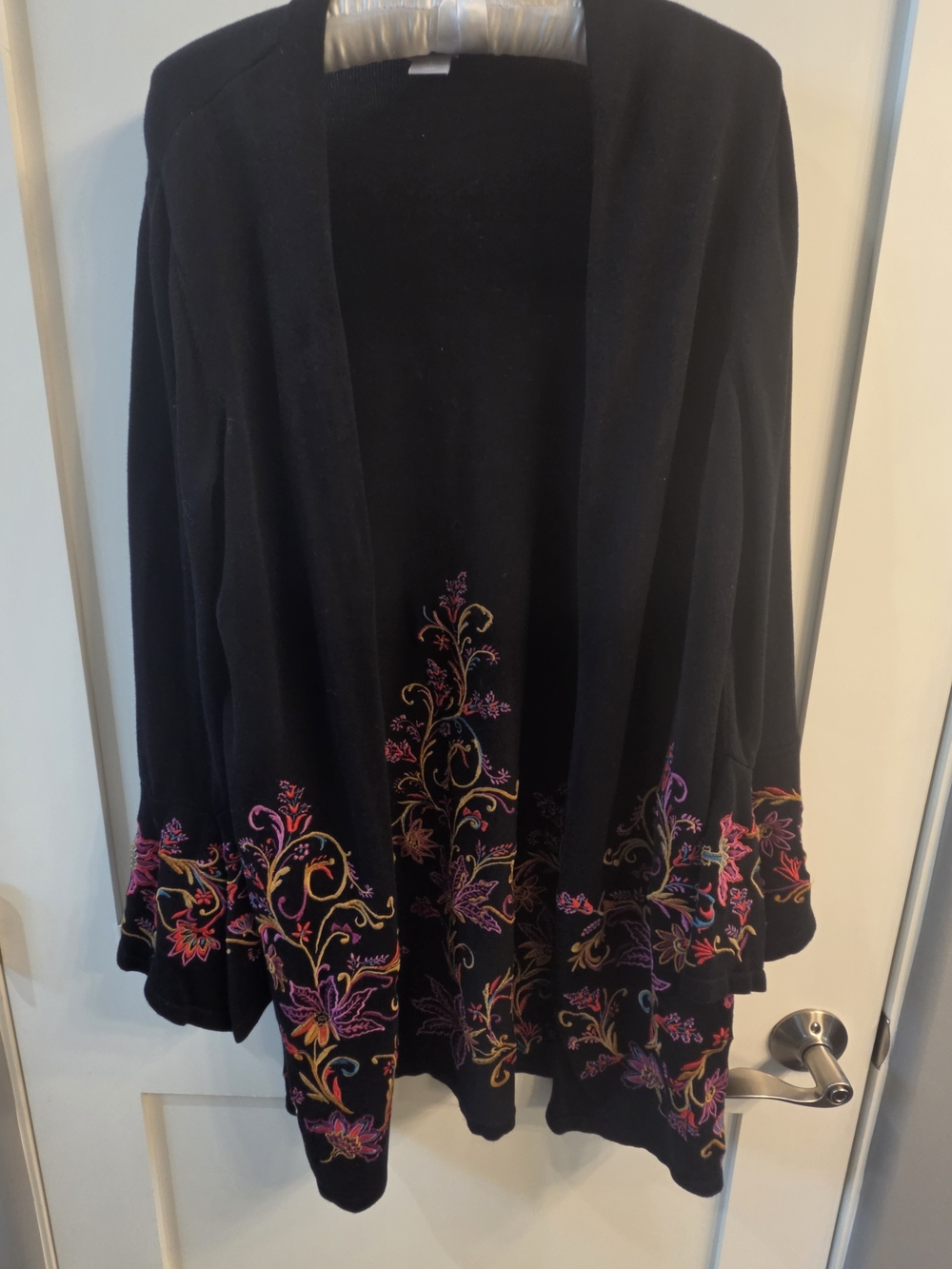 Black Embroidered Open-Front Women's Sweater Cardigan